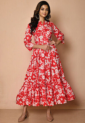 Printed Rayon Ruffled Dress in Red