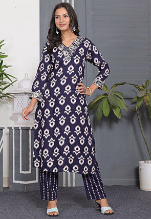 Printed Rayon Straight Kurta Set in Blue