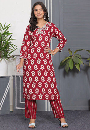 Printed Rayon Straight Kurta Set in Red