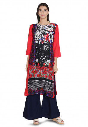 Printed Rayon Straight Kurta in Multicolor and Red
