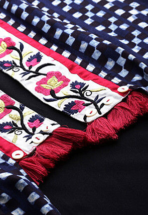 Printed Rayon Straight Kurta in Navy Blue and Black