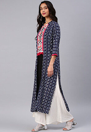Printed Rayon Straight Kurta in Navy Blue and Black