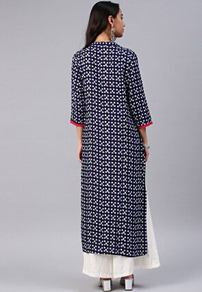 Printed Rayon Straight Kurta in Navy Blue and Black