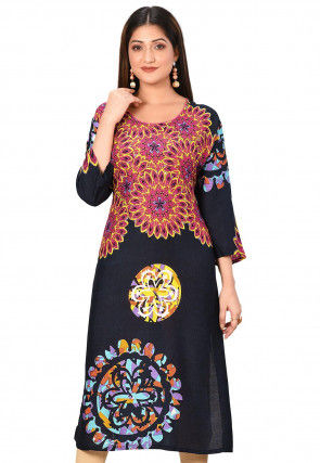 Printed Rayon Straight Kurta in Navy Blue and Multicolor