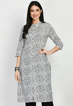 Printed Rayon Straight Kurta in White