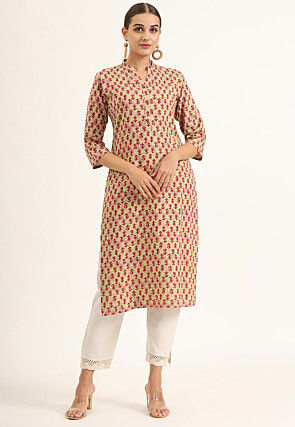 Printed Rayon Straight Kurta in Yellow