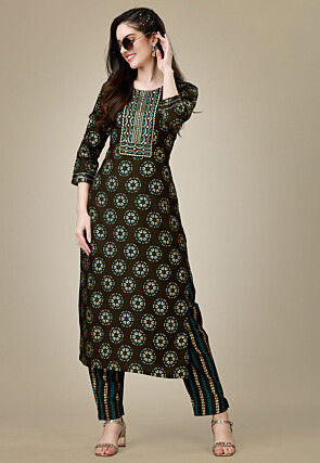 Printed Rayon Straight Kurta Set in Dark Brown