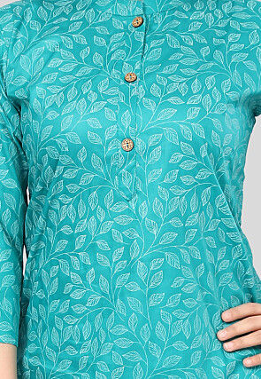 Printed Rayon Straight Kurti in Turquoise