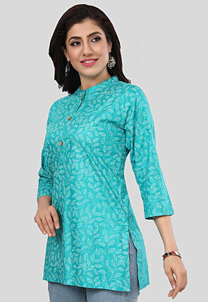 Printed Rayon Straight Kurti in Turquoise