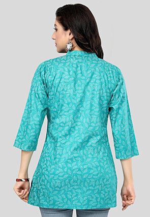 Printed Rayon Straight Kurti in Turquoise