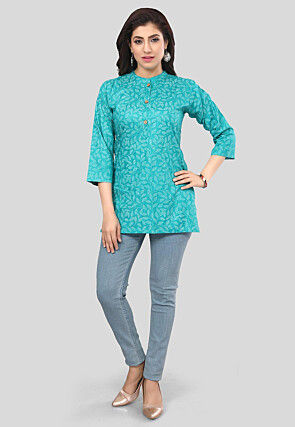 Printed Rayon Straight Kurti in Turquoise