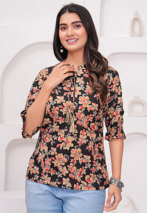 Printed Rayon Top in Black