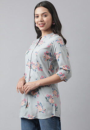 Printed Rayon Top in Light Grey