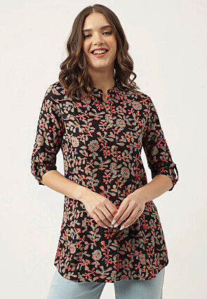 Printed Rayon Tunic in Black