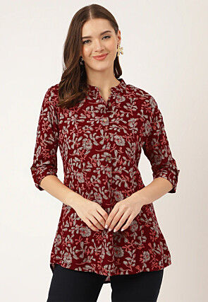 Printed Rayon Tunic in Maroon
