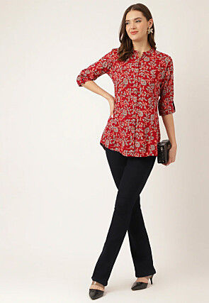 Printed Rayon Tunic in Maroon