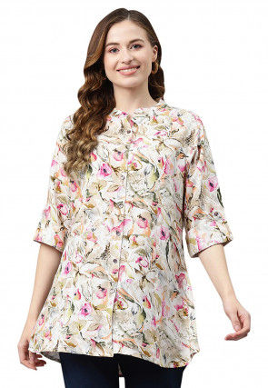 Printed Rayon Tunic in Off White