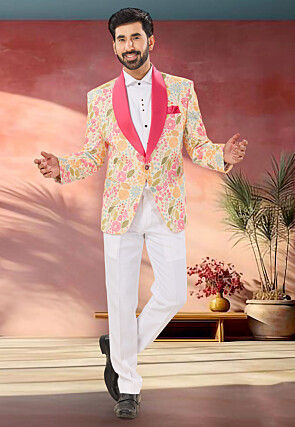 Printed Rayon Tuxedo in Cream