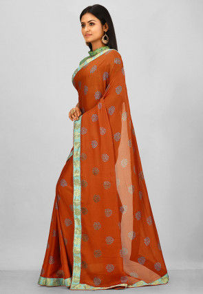 Printed Satin Chiffon Saree in Rust