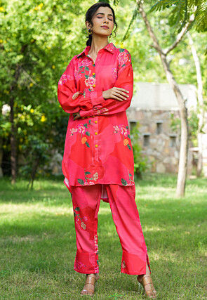 Printed  Satin Co Ord Set  in Pink and Red