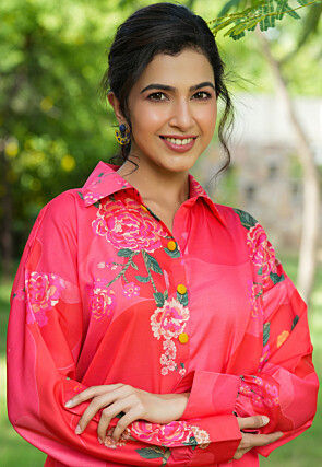 Printed  Satin Co Ord Set  in Pink and Red