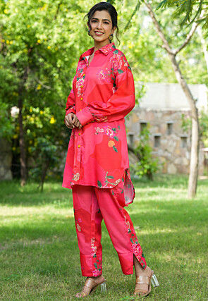 Printed  Satin Co Ord Set  in Pink and Red