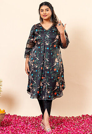 Printed Satin Georgette Aline Kurta Set in Black