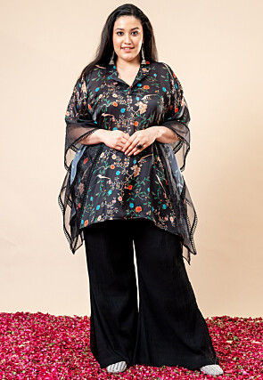 Printed Satin Georgette Kaftan Set in Black