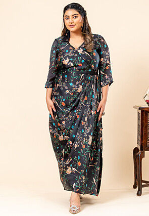 Printed Satin Georgette Maxi Dress in Black