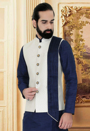 Printed Satin Nehru Jacket in Off White