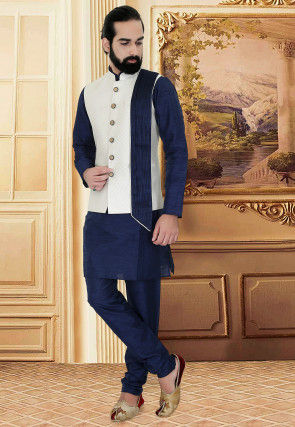 Printed Satin Nehru Jacket in Off White