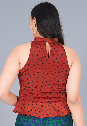 Printed Satin Peplum Top in Rust