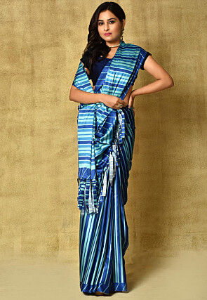 Printed Satin Saree in Blue