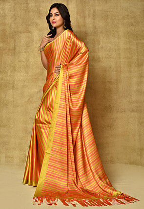 Printed Satin Saree in Orange and Yellow
