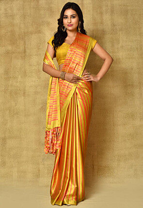 Printed Satin Saree in Orange and Yellow