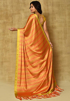 Printed Satin Saree in Orange and Yellow