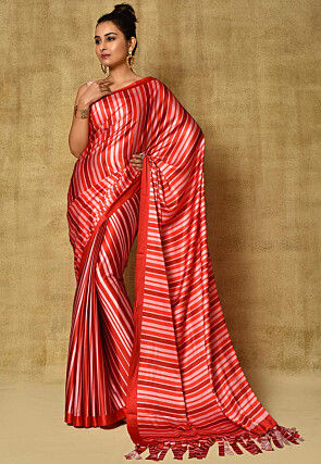 Printed Satin Saree in Red and Peach