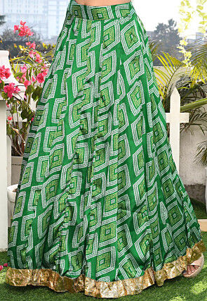 Printed Satin Silk A Line Skirt in Green