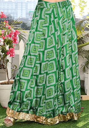 Printed Satin Silk A Line Skirt in Green
