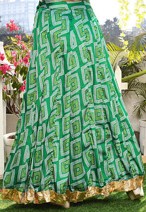 Printed Satin Silk A Line Skirt in Green