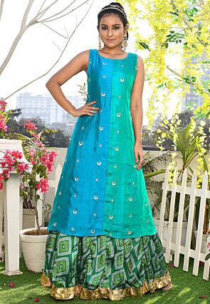 Printed Satin Silk A Line Skirt in Green