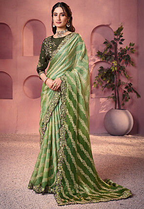 Printed Satin Silk Saree in Green