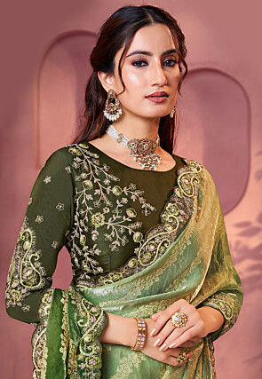 Printed Satin Silk Saree in Green