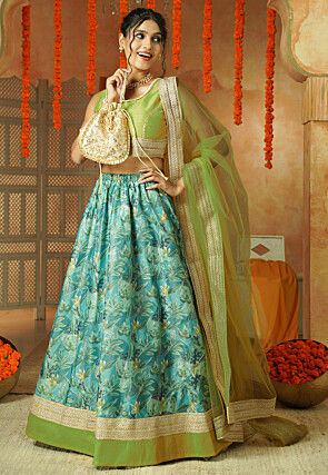 Printed Shimmer Art Silk Lehenga in Blue