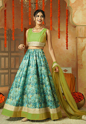 Printed Shimmer Art Silk Lehenga in Blue