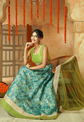 Printed Shimmer Art Silk Lehenga in Blue