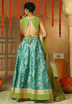 Printed Shimmer Art Silk Lehenga in Blue