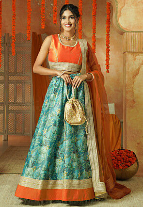 Printed Shimmer Art Silk Lehenga in Blue