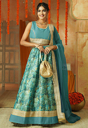 Printed Shimmer Art Silk Lehenga in Blue