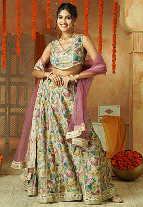 Printed Shimmer Art Silk Lehenga in Multicolor